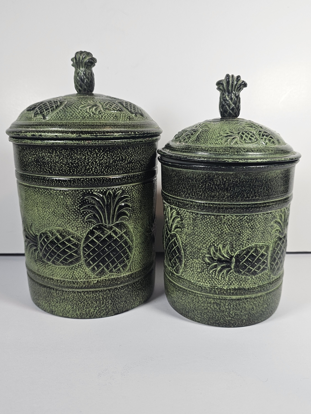 Retro Green Pineapple Metal Canister Set of 2 Embossed Kitchen Decor